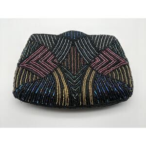 Carla Marchi Muli-Color Beaded Black Clutch Purse Missing Strap